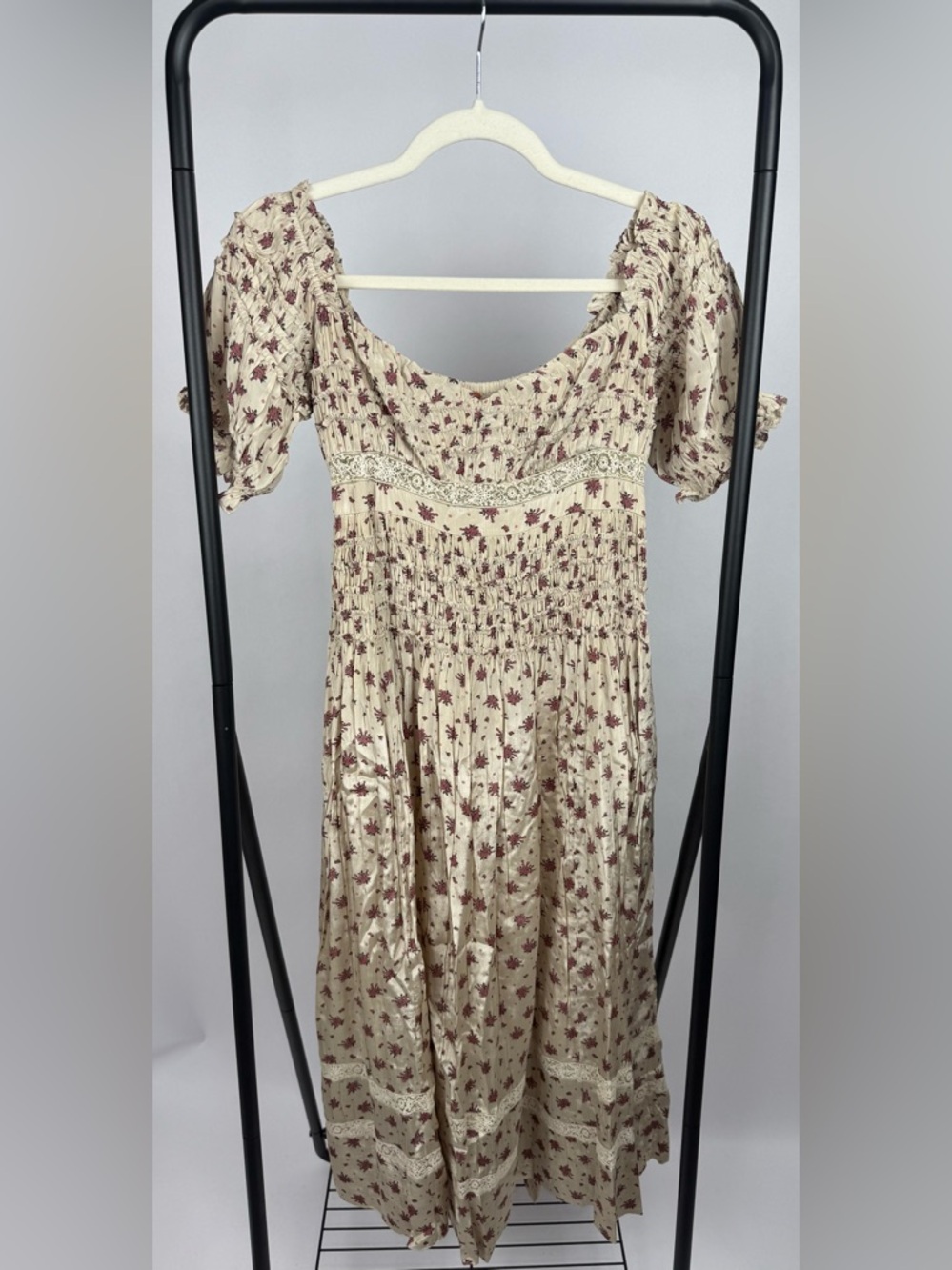 Free People Bali Juniper Midi Dress Floral Smocked Puff Sleeve Size 6 - Picture 4 of 9
